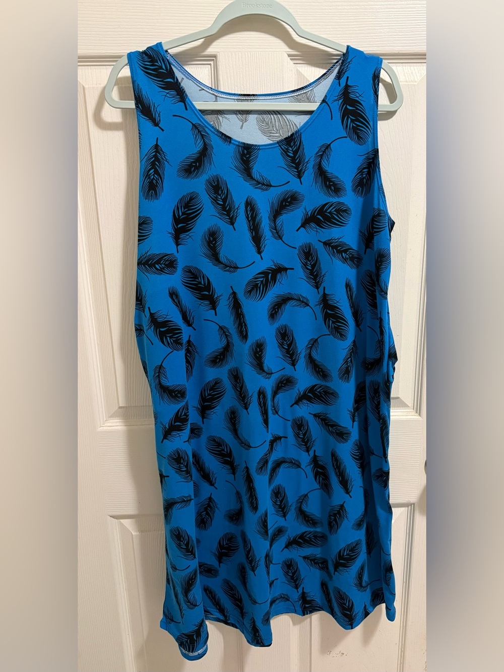 Sleeveless Feather-Print Blue Shift Dress